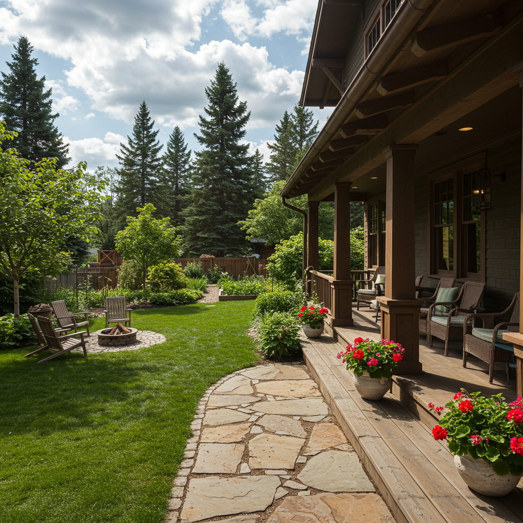 A house with a wooden porch, wicker chairs, potted red flowers, a stone pathway, a fire pit, and a green backyard with tall trees.