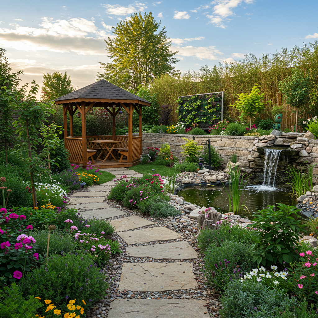 A beautifully designed garden with a wooden gazebo, a pond with a waterfall and statue, a stone path lined with flowers, a living wall, bamboo plants, and a stone retaining wall