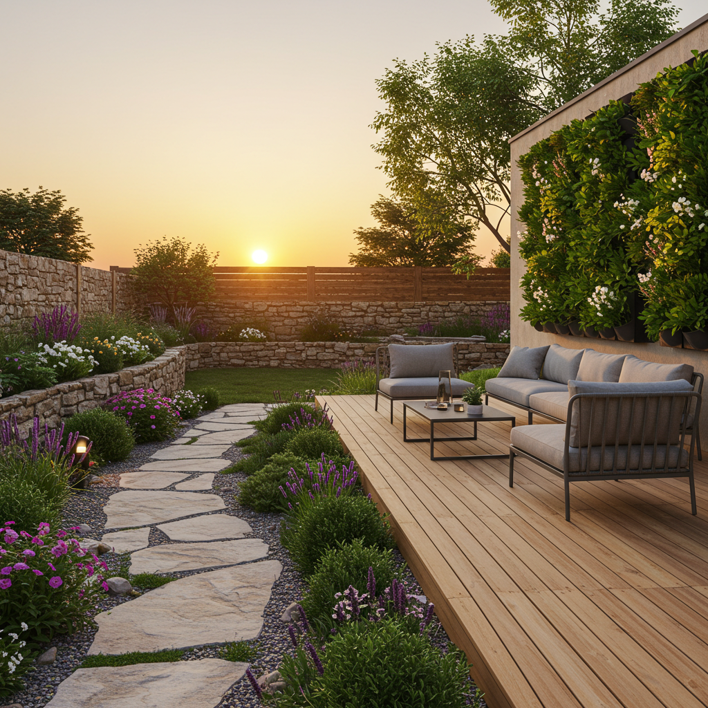 A beautifully landscaped backyard with a wooden deck, outdoor furniture, a stone pathway with gravel and flowers, a living wall on the building, a stone retaining wall, and a sunset in the background