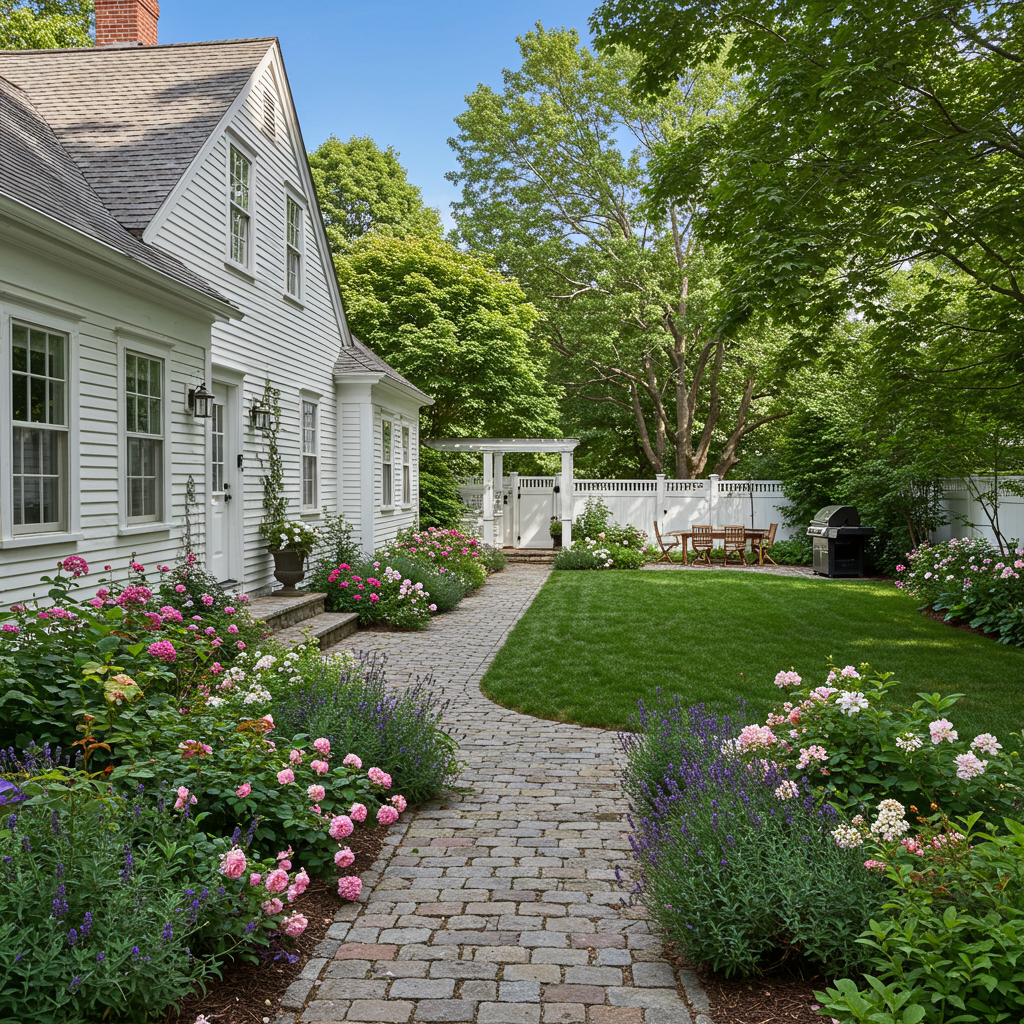 A white house with a brick pathway lined with flowers, leading to a garden with a white fence and trees.