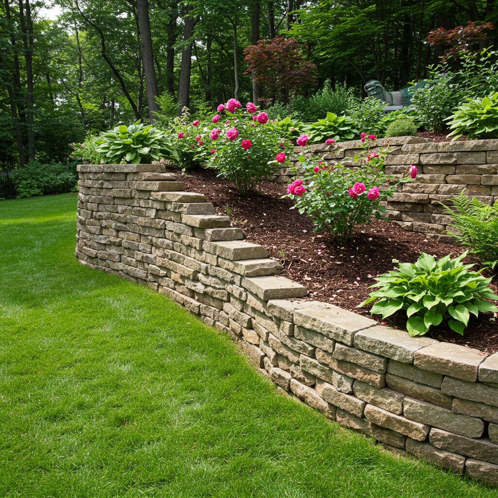 A stone retaining wall curves through a lush green garden, with pink roses and hosta plants growing on the upper level.