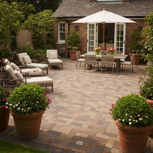 Cozy outdoor patio with a dining set, lounge chairs, and potted plants, surrounded by a brick house and greenery