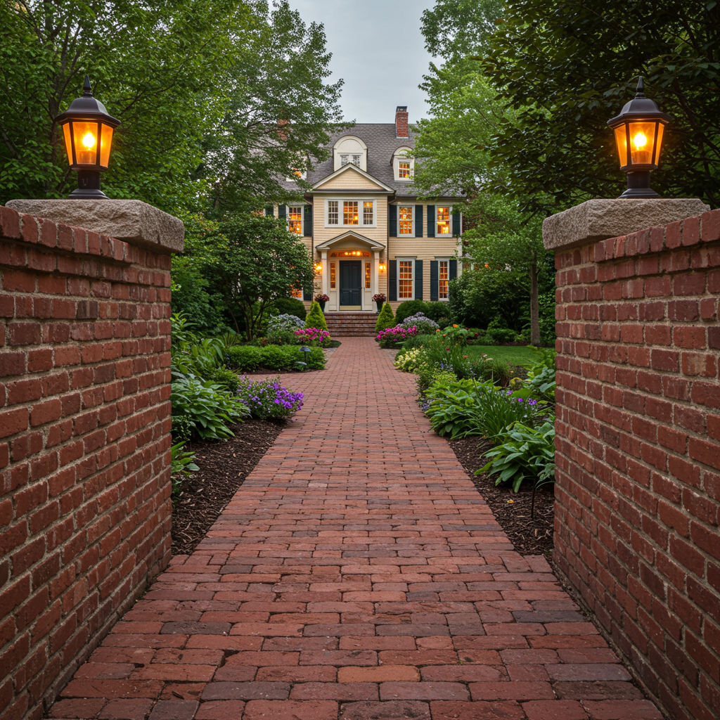 A brick walkway leads to a yellow house with lit windows at dusk, framed by brick pillars with lit lanterns and lush greenery.