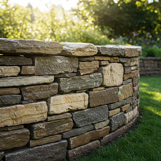 Rustic stone retaining wall with a curved design, showcasing the texture and colors of the natural stones in a garden