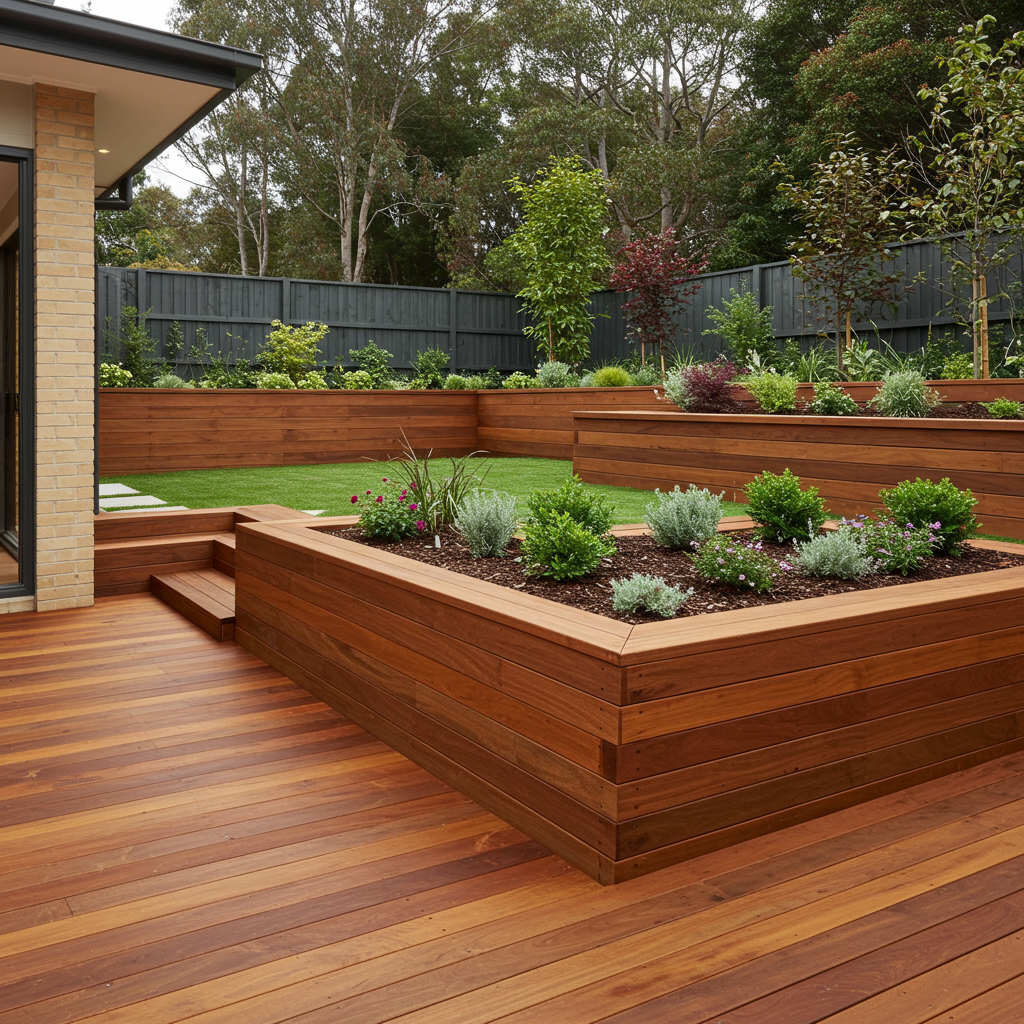 A wooden deck with tiered raised garden beds, lush green lawn, and a modern house in the background.