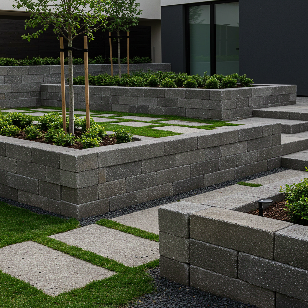 A modern tiered garden with concrete block planters, green grass patches, gravel pathways, and young trees against a dark building.s