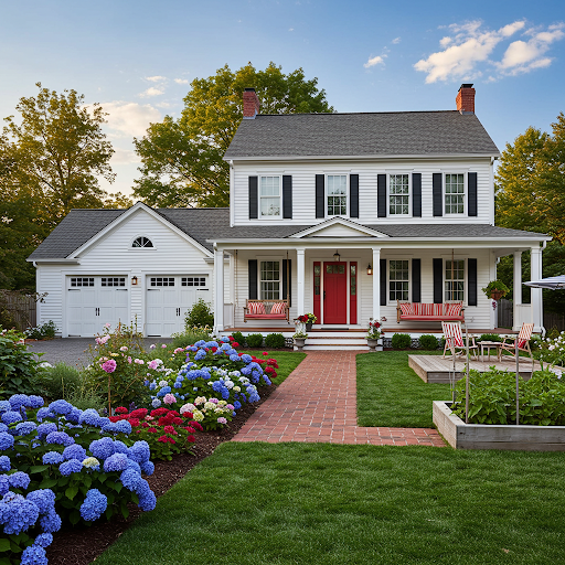 A classic white colonial style house with a bright red door, black shutters, a porch with two red and white striped swings, a brick pathway, a garden with blue hydrangeas, a raised garden bed, a two-car garage, and green trees in the background