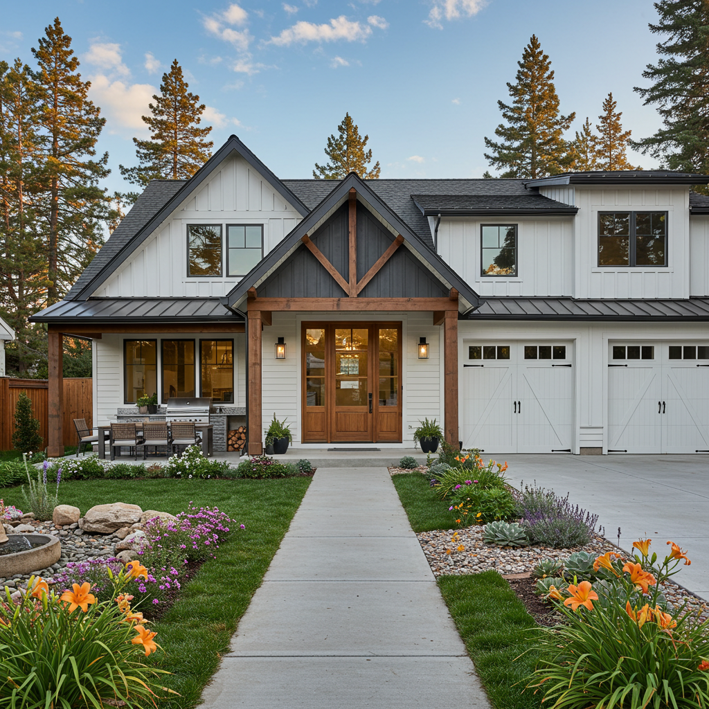 A modern farmhouse with white siding, a dark gray gable roof, a wooden porch, double garage doors, a concrete pathway, a garden with flowers and rocks, and tall pine trees in the background.